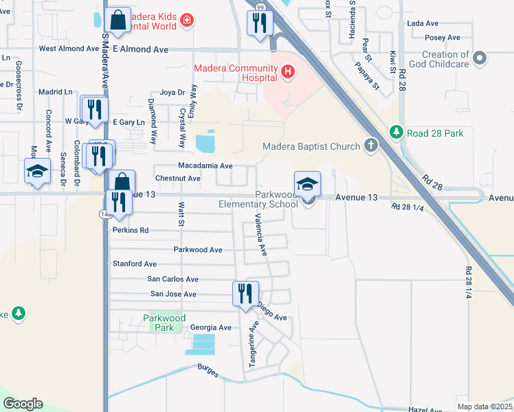 map of restaurants, bars, coffee shops, grocery stores, and more near Via Valencia Drive in Madera