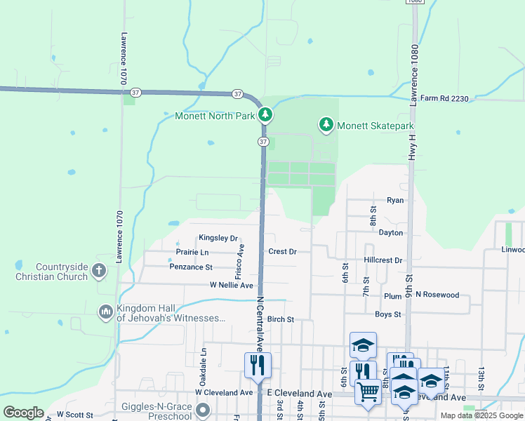 map of restaurants, bars, coffee shops, grocery stores, and more near 1540 North Central Avenue in Monett