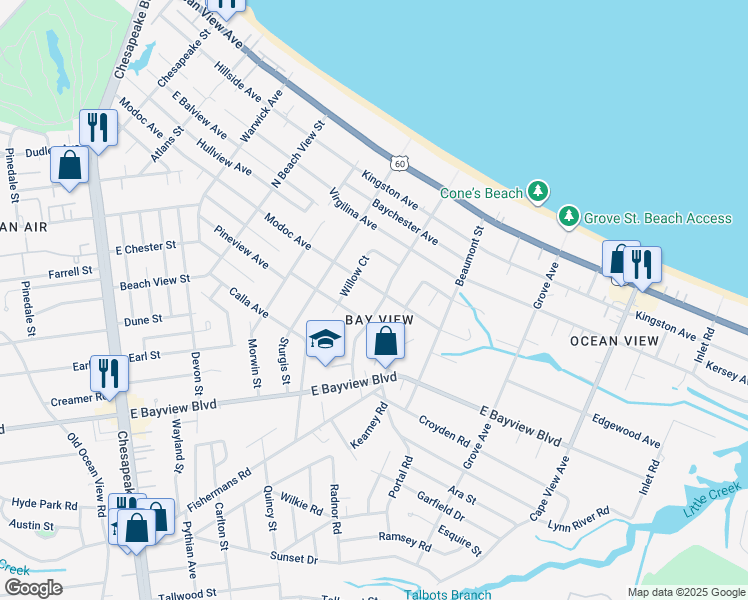 map of restaurants, bars, coffee shops, grocery stores, and more near 9419 Willow Terrace in Norfolk