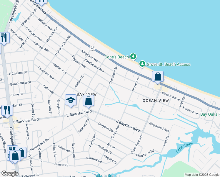 map of restaurants, bars, coffee shops, grocery stores, and more near 9514 Beaumont Street in Norfolk