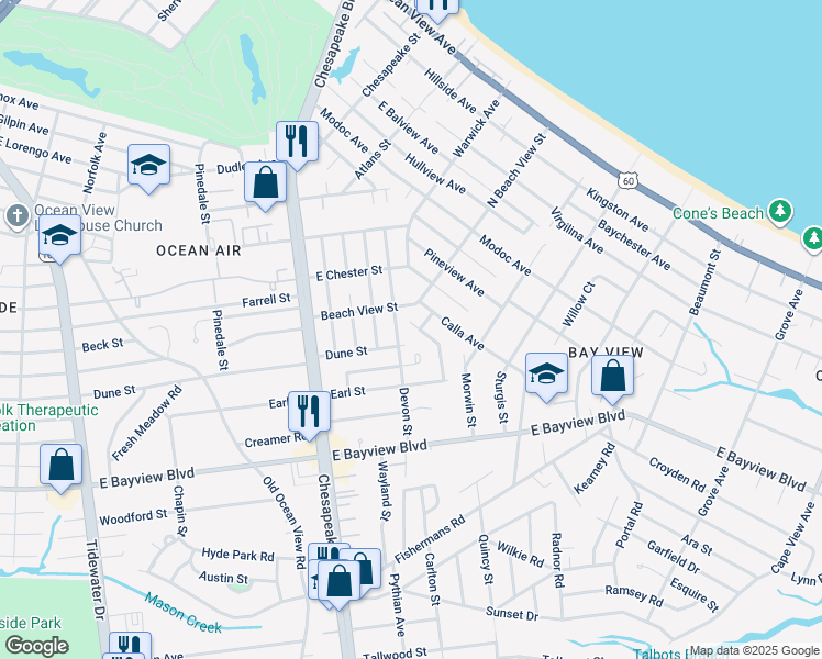 map of restaurants, bars, coffee shops, grocery stores, and more near 1319 Elm View Avenue in Norfolk