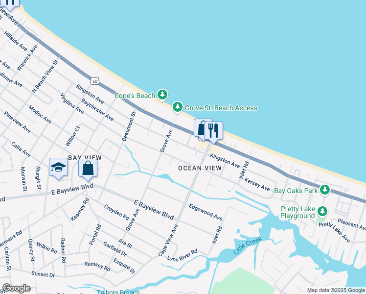 map of restaurants, bars, coffee shops, grocery stores, and more near 1835 Kingston Avenue in Norfolk