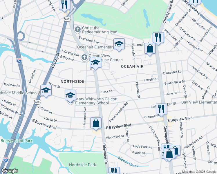 map of restaurants, bars, coffee shops, grocery stores, and more near 414 Beck Street in Norfolk