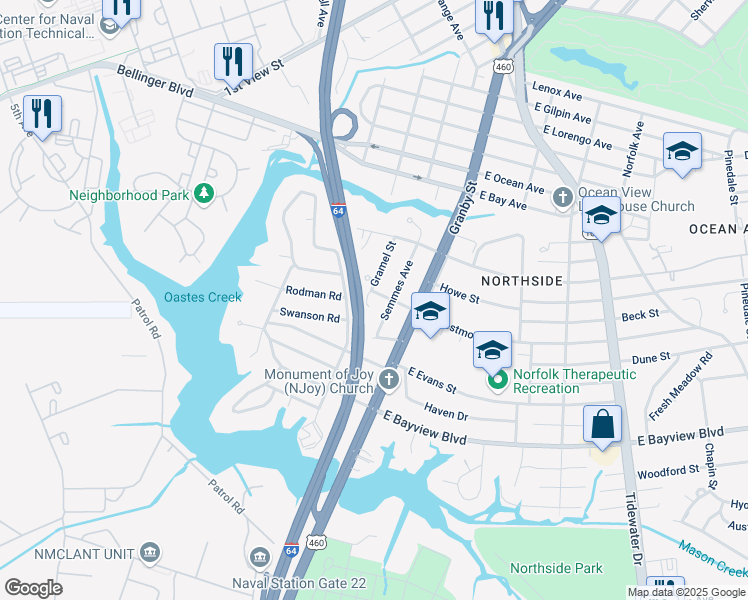 map of restaurants, bars, coffee shops, grocery stores, and more near 8724 Gramel Street in Norfolk