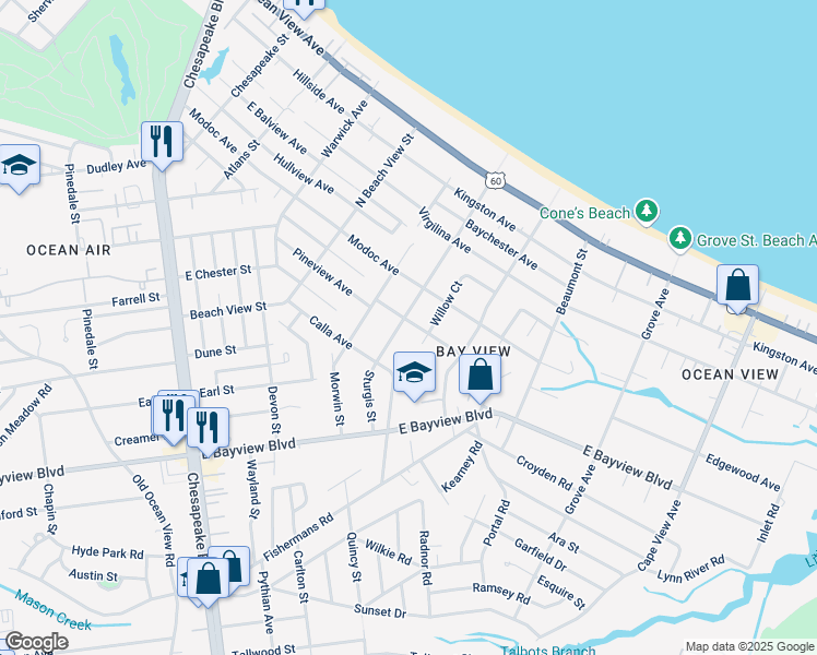 map of restaurants, bars, coffee shops, grocery stores, and more near 1403 Alfred Lane in Norfolk