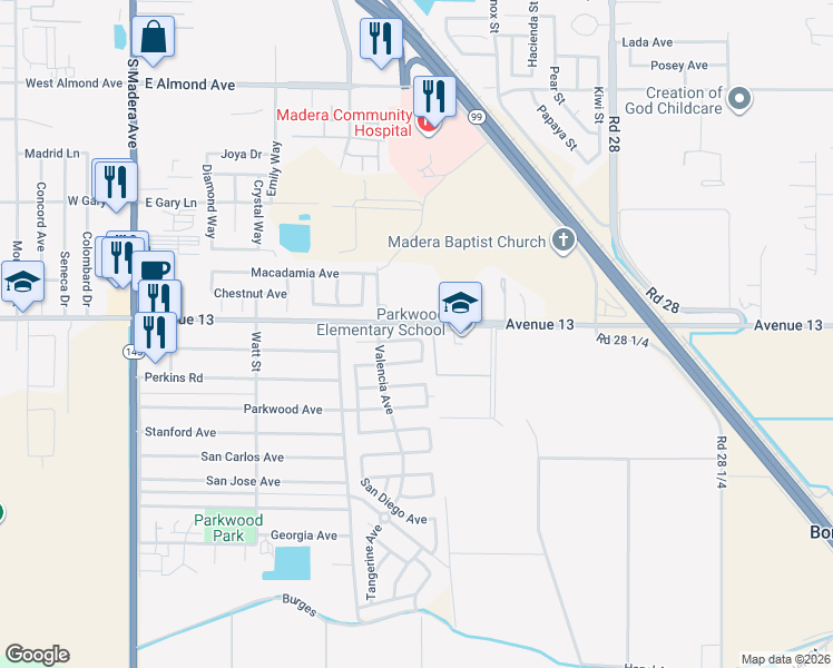 map of restaurants, bars, coffee shops, grocery stores, and more near 1085 Saunders Avenue in Madera