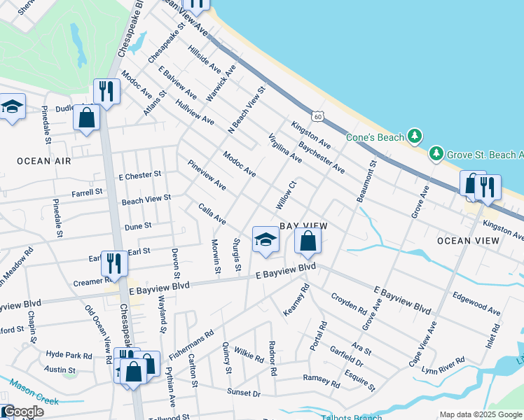 map of restaurants, bars, coffee shops, grocery stores, and more near 1403 Alfred Lane in Norfolk