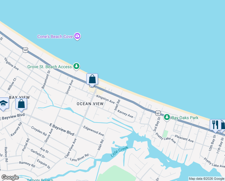 map of restaurants, bars, coffee shops, grocery stores, and more near 1948 East Ocean View Avenue in Norfolk