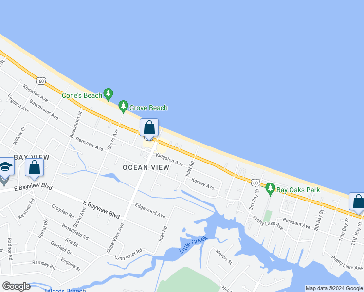 map of restaurants, bars, coffee shops, grocery stores, and more near 1948 East Ocean View Avenue in Norfolk