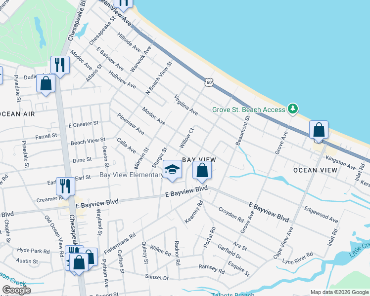 map of restaurants, bars, coffee shops, grocery stores, and more near 1448 Alfred Lane in Norfolk