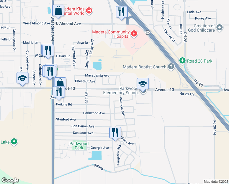 map of restaurants, bars, coffee shops, grocery stores, and more near 935 Saunders Avenue in Madera