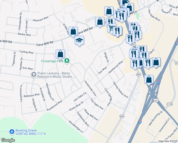 map of restaurants, bars, coffee shops, grocery stores, and more near 2709 Pointe Court in Bowling Green
