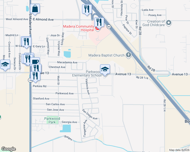 map of restaurants, bars, coffee shops, grocery stores, and more near 1088 Saunders Road in Madera