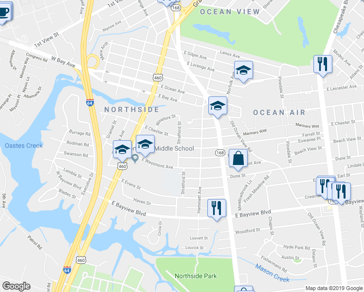 map of restaurants, bars, coffee shops, grocery stores, and more near 141 Howe Street in Norfolk