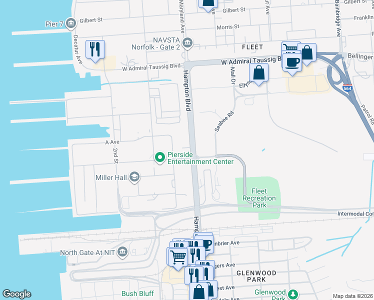 map of restaurants, bars, coffee shops, grocery stores, and more near 9079 Hampton Boulevard in Norfolk