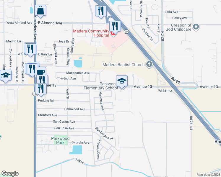 map of restaurants, bars, coffee shops, grocery stores, and more near 1085 Saunders Avenue in Madera