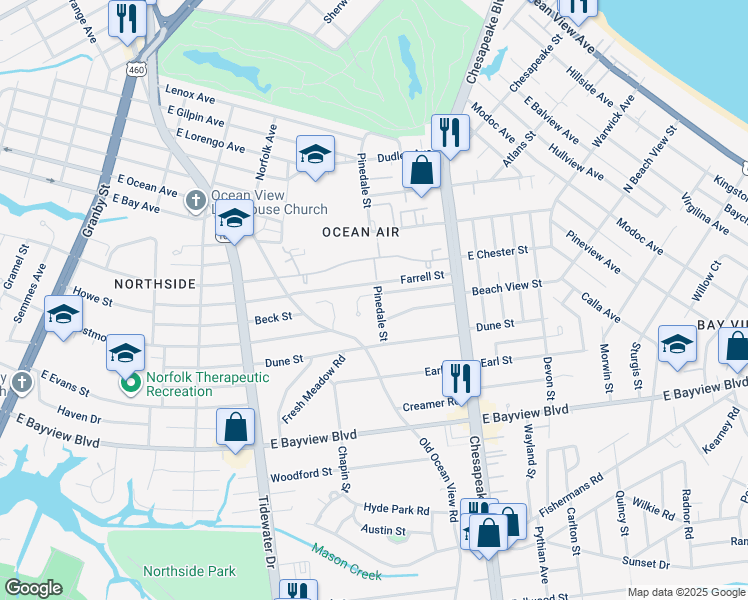 map of restaurants, bars, coffee shops, grocery stores, and more near 513 Euwanee Place in Norfolk