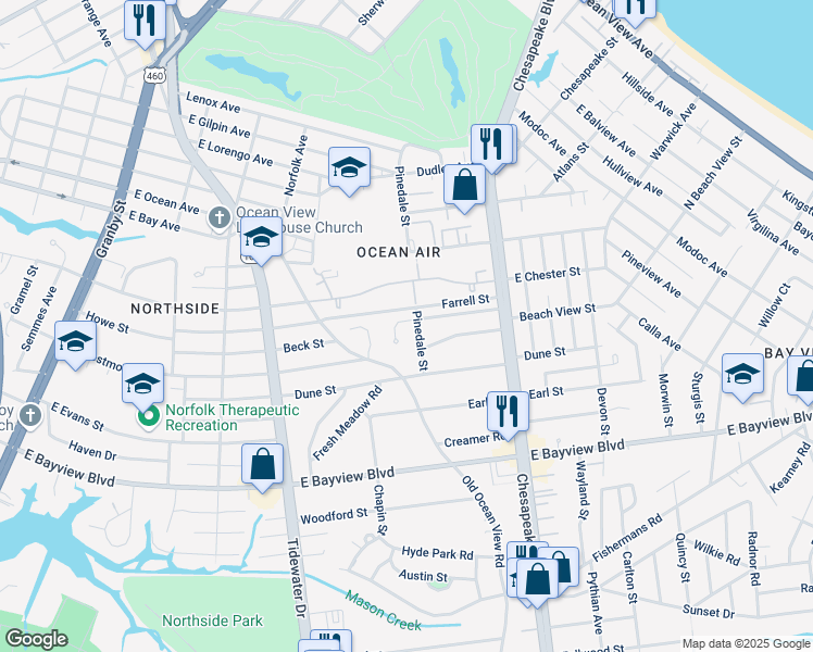 map of restaurants, bars, coffee shops, grocery stores, and more near 511 Euwanee Place in Norfolk