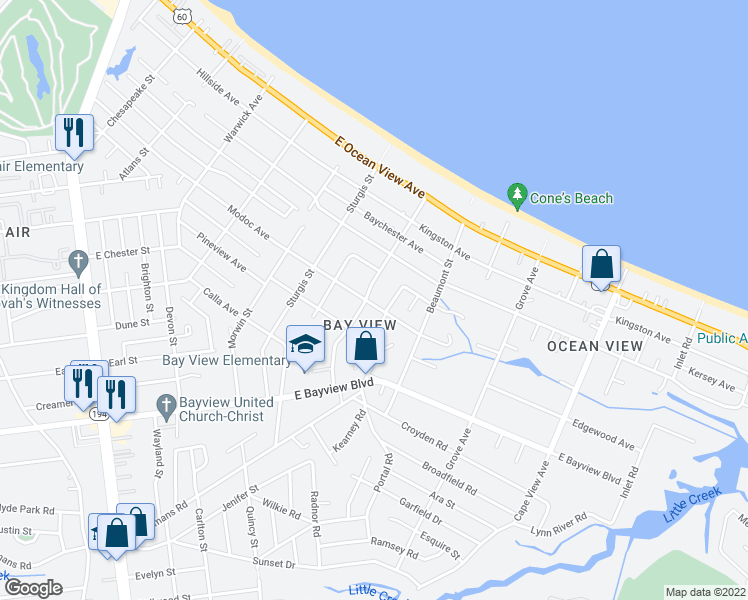 map of restaurants, bars, coffee shops, grocery stores, and more near 9432 Willow Terrace in Norfolk