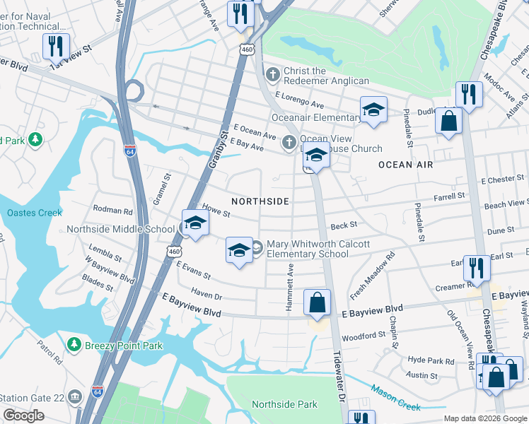 map of restaurants, bars, coffee shops, grocery stores, and more near 141 Howe Street in Norfolk