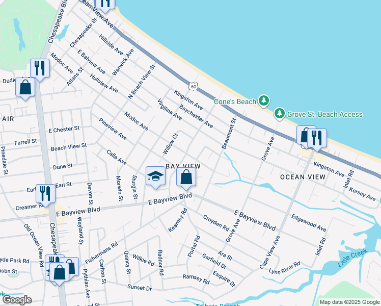 map of restaurants, bars, coffee shops, grocery stores, and more near 9432 Willow Terrace in Norfolk