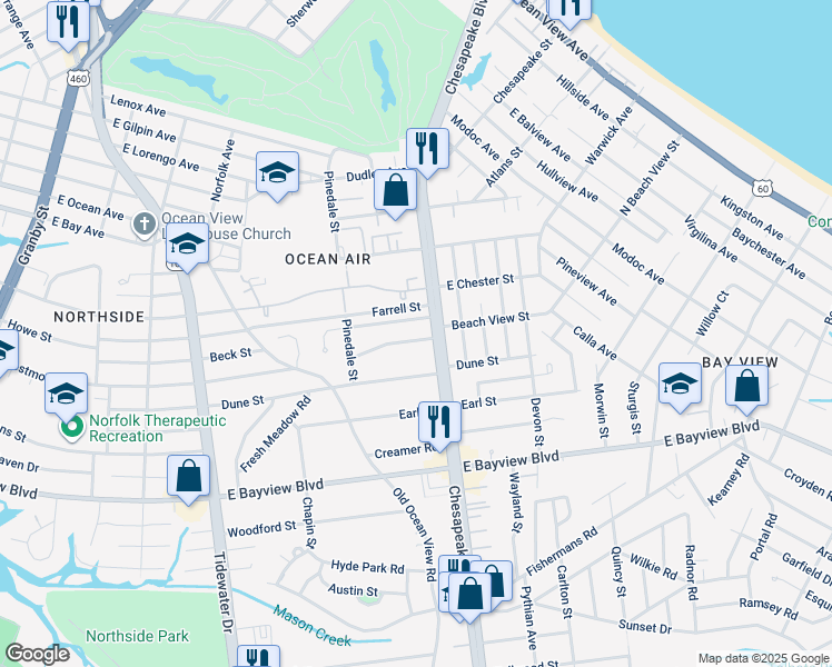 map of restaurants, bars, coffee shops, grocery stores, and more near 705 Beach View Street in Norfolk