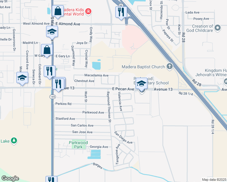 map of restaurants, bars, coffee shops, grocery stores, and more near 935 Saunders Avenue in Madera