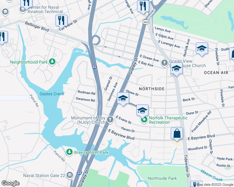map of restaurants, bars, coffee shops, grocery stores, and more near 8803 Granby Street in Norfolk