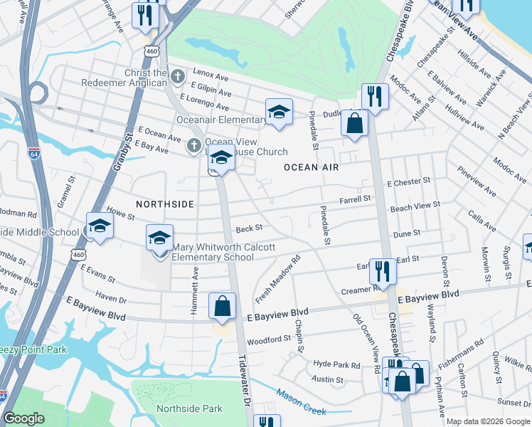 map of restaurants, bars, coffee shops, grocery stores, and more near 414 Beck Street in Norfolk