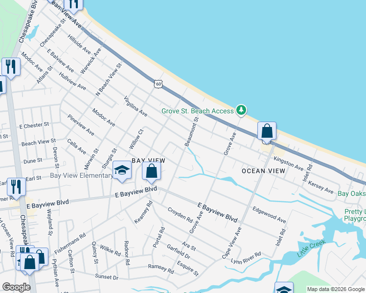 map of restaurants, bars, coffee shops, grocery stores, and more near 9514 Beaumont Street in Norfolk