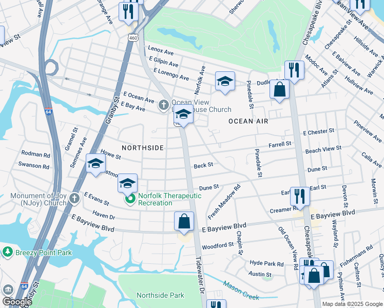 map of restaurants, bars, coffee shops, grocery stores, and more near 402 Farrell Street in Norfolk