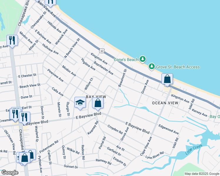 map of restaurants, bars, coffee shops, grocery stores, and more near 9503 Inwood Court in Norfolk