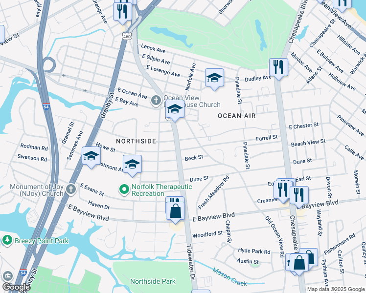 map of restaurants, bars, coffee shops, grocery stores, and more near 402 Farrell Street in Norfolk