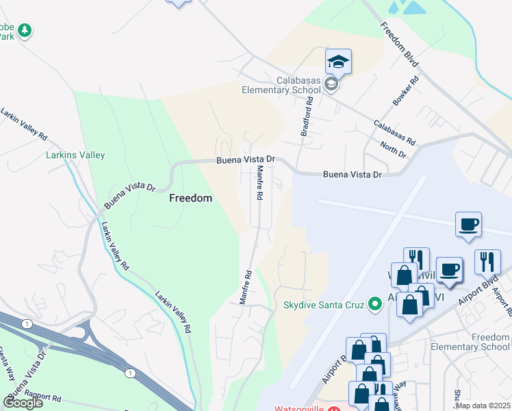 map of restaurants, bars, coffee shops, grocery stores, and more near 265 Manfre Road in Watsonville