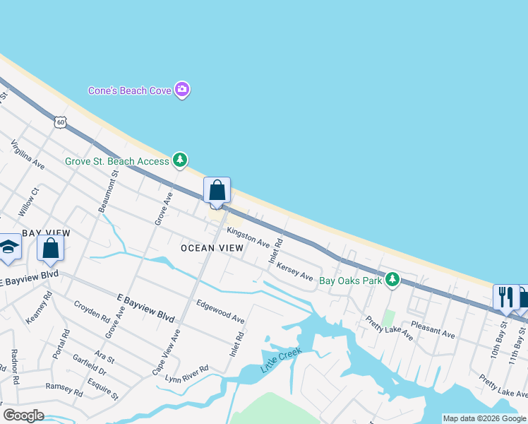 map of restaurants, bars, coffee shops, grocery stores, and more near 2003 East Ocean View Avenue in Norfolk