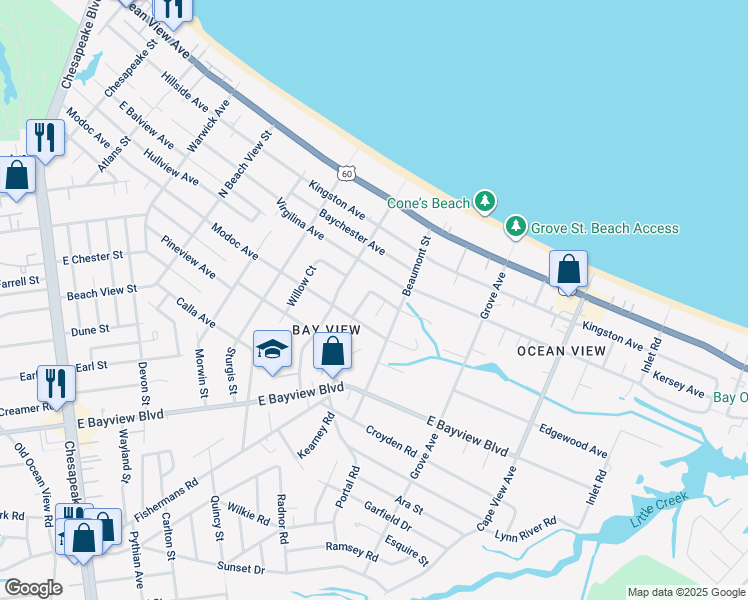 map of restaurants, bars, coffee shops, grocery stores, and more near 9503 Inwood Court in Norfolk