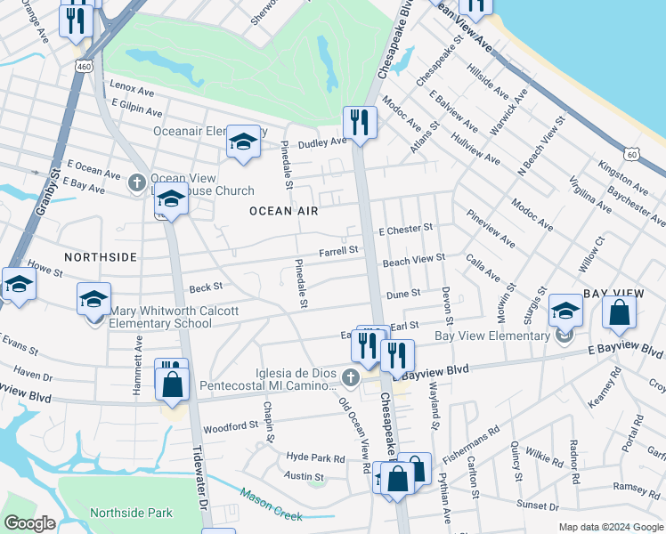 map of restaurants, bars, coffee shops, grocery stores, and more near 701 Euwanee Place in Norfolk