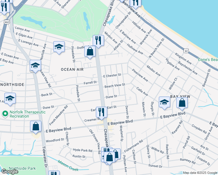 map of restaurants, bars, coffee shops, grocery stores, and more near 1019 Beach View Street in Norfolk