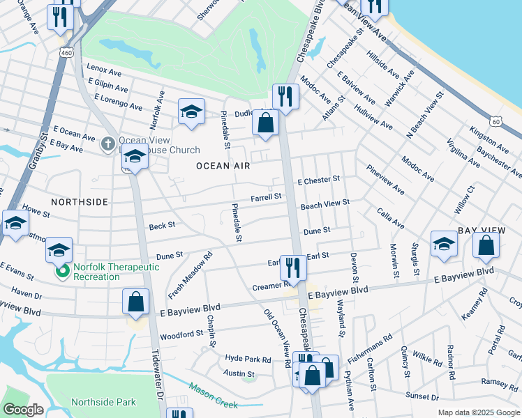 map of restaurants, bars, coffee shops, grocery stores, and more near 701 Euwanee Place in Norfolk