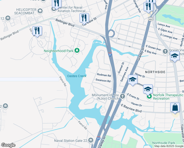 map of restaurants, bars, coffee shops, grocery stores, and more near 209 Rodman Road in Norfolk