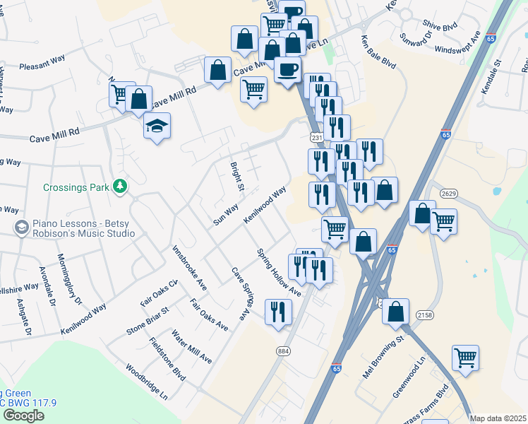 map of restaurants, bars, coffee shops, grocery stores, and more near 1294 Kenilwood Way in Bowling Green