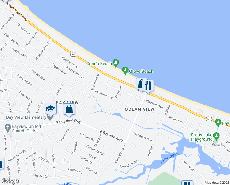 map of restaurants, bars, coffee shops, grocery stores, and more near 1733 Parkview Avenue in Norfolk