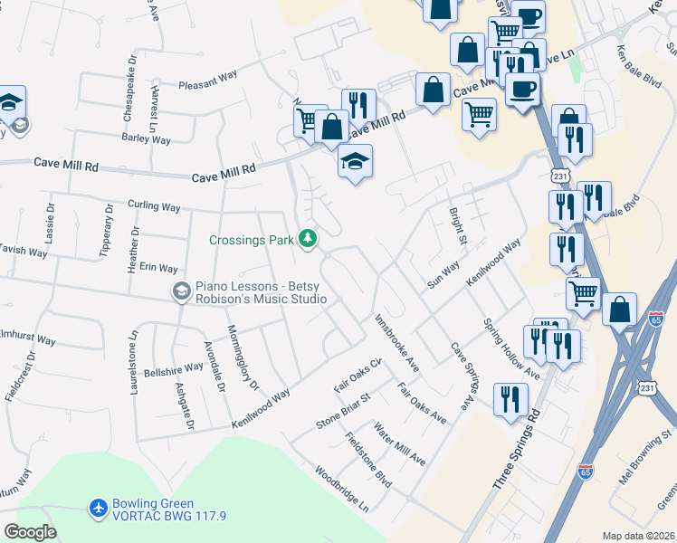 map of restaurants, bars, coffee shops, grocery stores, and more near 651 Crossings Boulevard in Bowling Green