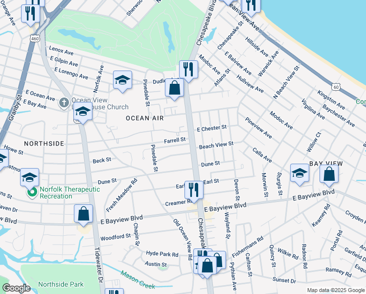 map of restaurants, bars, coffee shops, grocery stores, and more near 719 Euwanee Place in Norfolk
