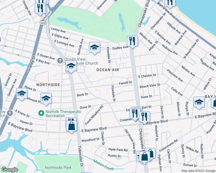 map of restaurants, bars, coffee shops, grocery stores, and more near 512 Euwanee Place in Norfolk