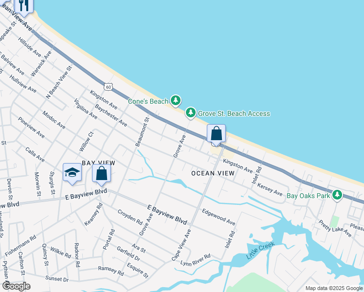 map of restaurants, bars, coffee shops, grocery stores, and more near 1805 East Ocean View Avenue in Norfolk