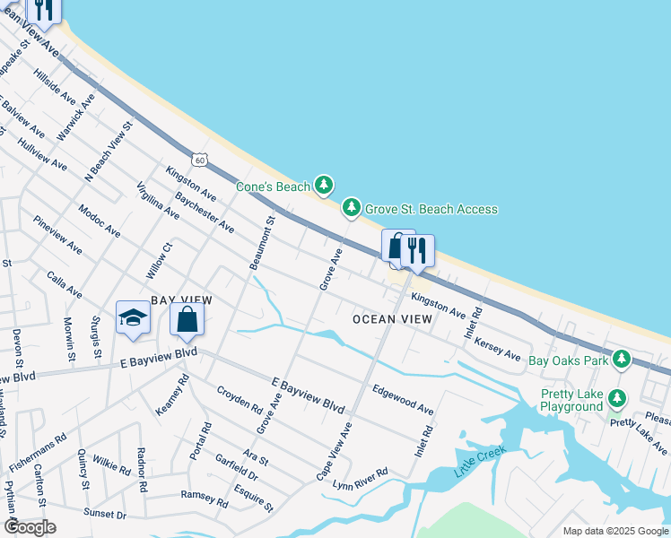 map of restaurants, bars, coffee shops, grocery stores, and more near 9628 Grove Avenue in Norfolk