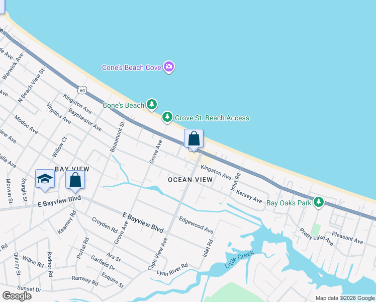 map of restaurants, bars, coffee shops, grocery stores, and more near 1838 East Ocean View Avenue in Norfolk