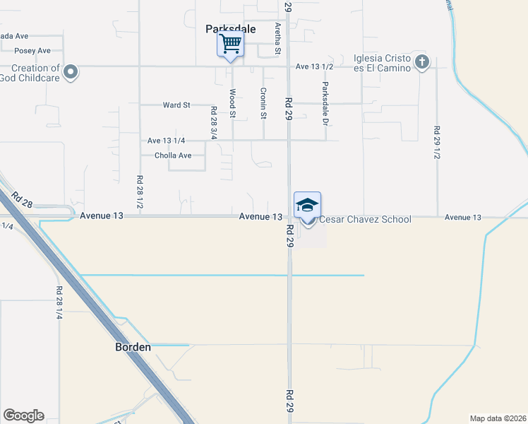 map of restaurants, bars, coffee shops, grocery stores, and more near 28841 Avenue 13 in Madera