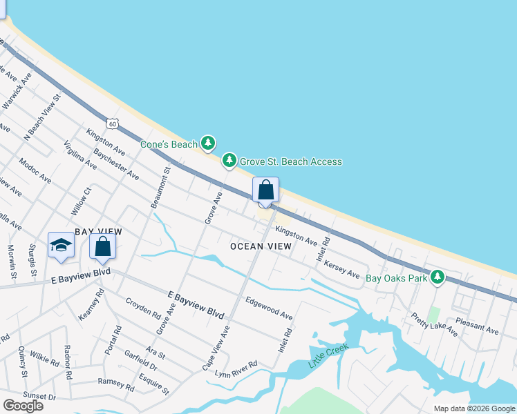 map of restaurants, bars, coffee shops, grocery stores, and more near 1838 East Ocean View Avenue in Norfolk